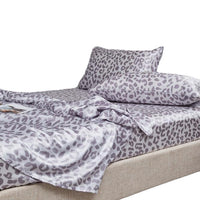 HKM-733203 Satin Artificial Silk Four-Piece Bed Sheet Set with Digital Silver Leopard Print Design