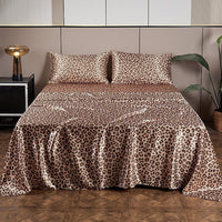 HKM-733203 Satin Artificial Silk Four-Piece Bed Sheet Set with Digital Silver Leopard Print Design
