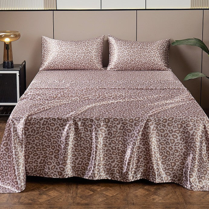 HKM-733203 Satin Artificial Silk Four-Piece Bed Sheet Set with Digital Silver Leopard Print Design
