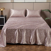 HKM-733203 Satin Artificial Silk Four-Piece Bed Sheet Set with Digital Silver Leopard Print Design