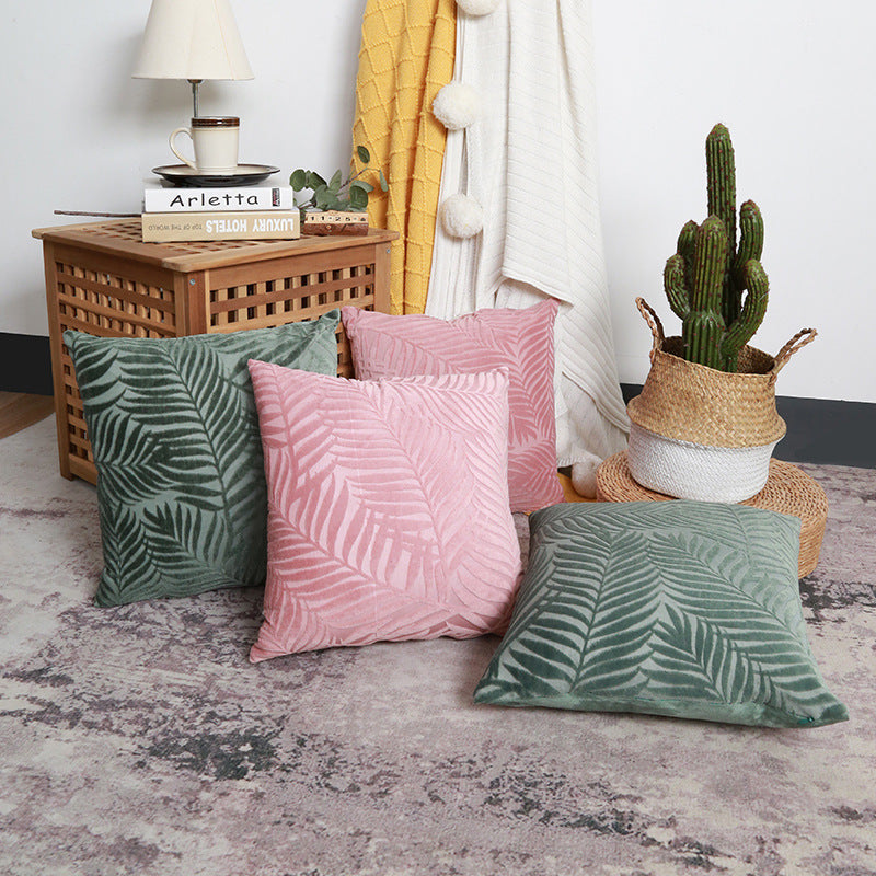 HKM-734483 Flower and Leaf Print Cotton and Linen Cushion Case in Pink and Green, 45x45cm