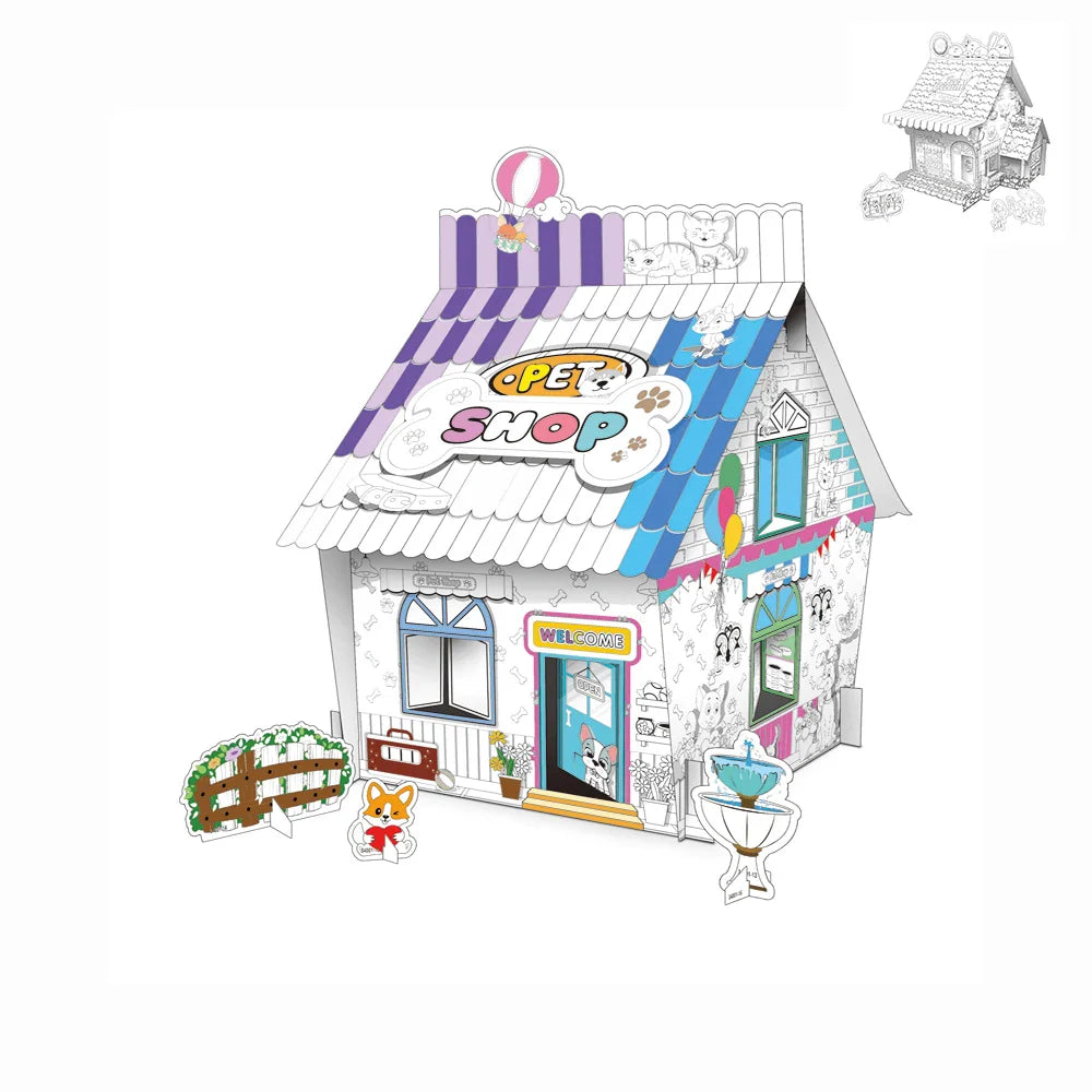 HKM-734931 3D DIY Paper Puzzle Set for Kids - Christmas House Coloring and Assembly Fun