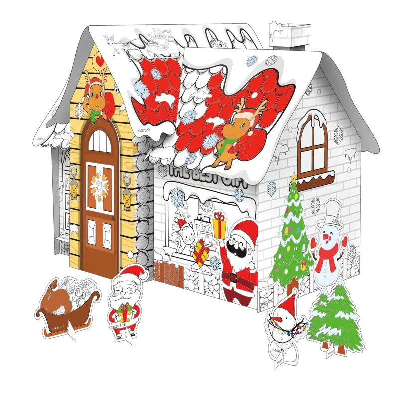 HKM-734931 3D DIY Paper Puzzle Set for Kids - Christmas House Coloring and Assembly Fun