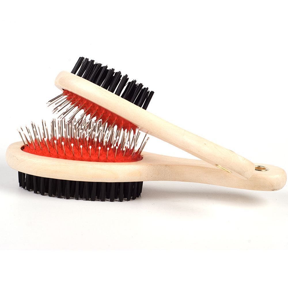 HKM-735059 Dual-Use Dog Grooming Comb with Wooden Handle - Needle & Brush Surfaces, Small & Large Sizes