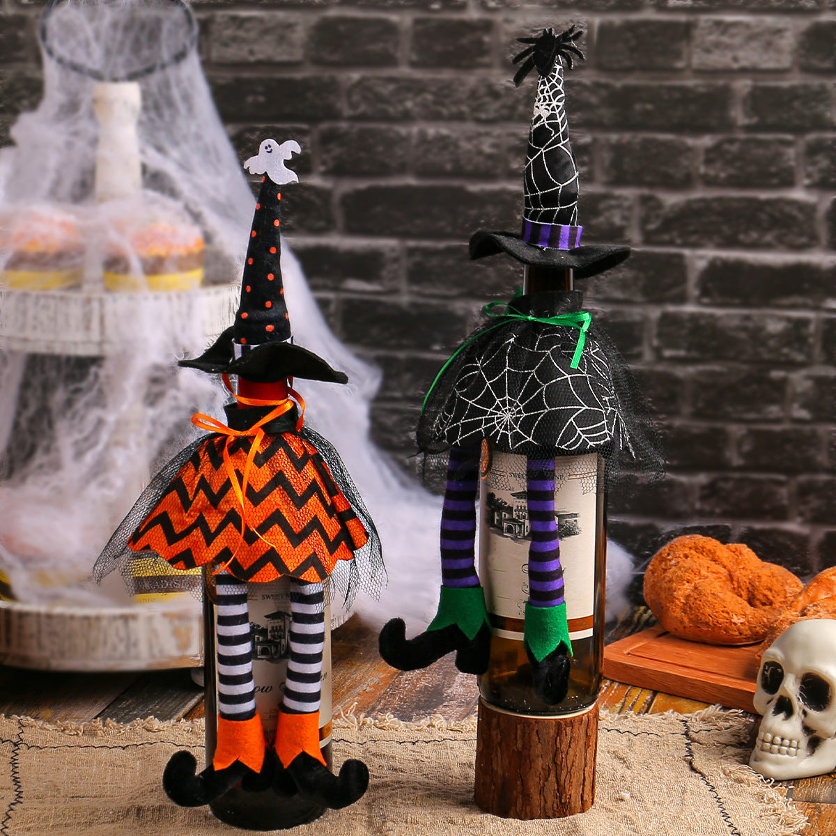 HKM-735315 Halloween Witch Hat Bottle Cover with Long Legs - Handmade Polyester Ornament