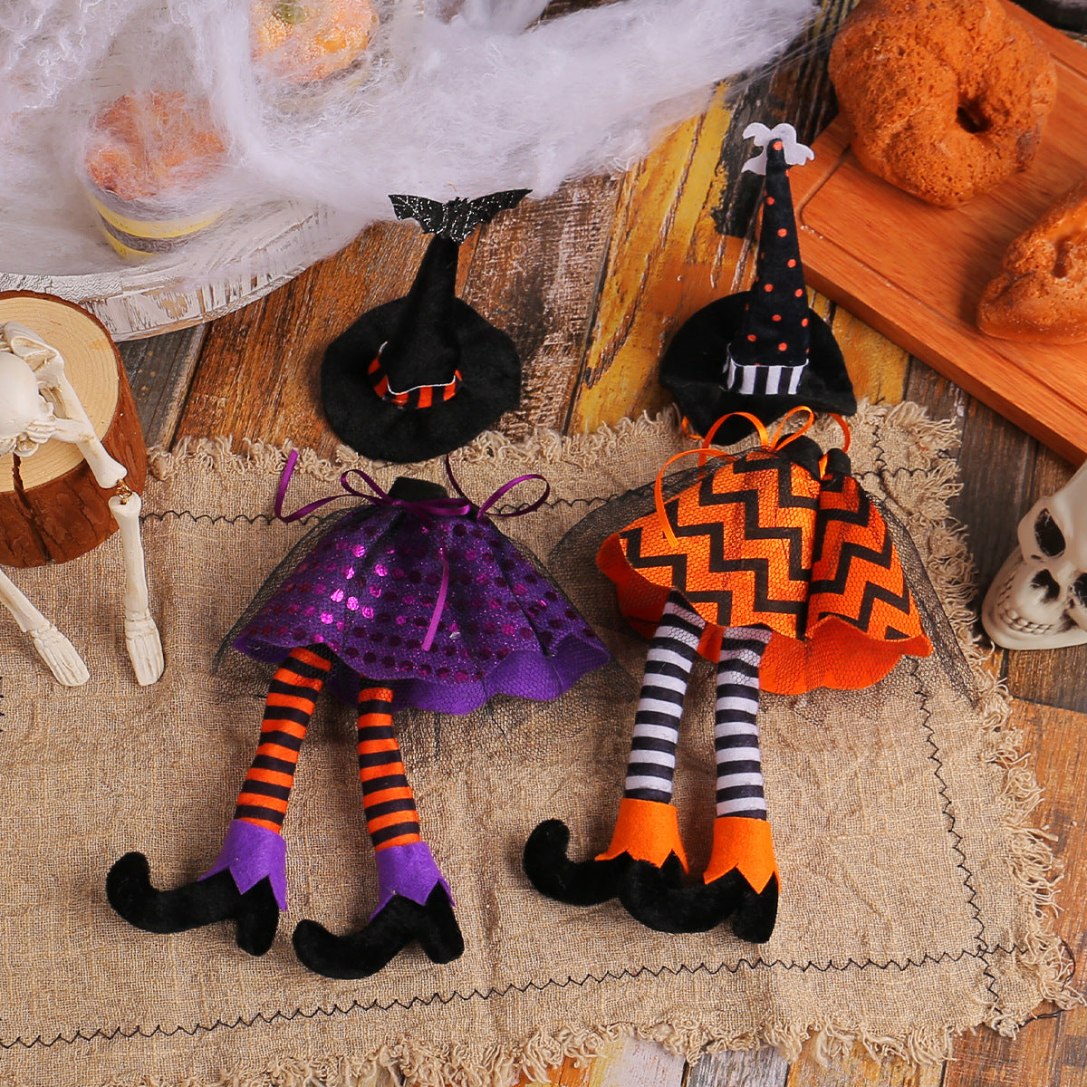 HKM-735315 Halloween Witch Hat Bottle Cover with Long Legs - Handmade Polyester Ornament