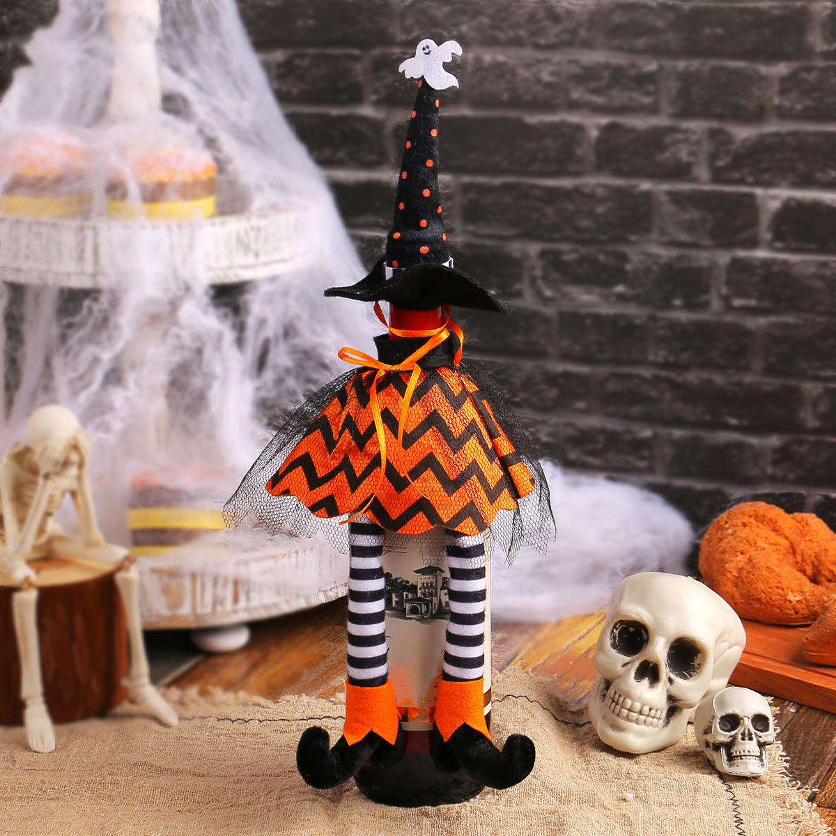 HKM-735315 Halloween Witch Hat Bottle Cover with Long Legs - Handmade Polyester Ornament