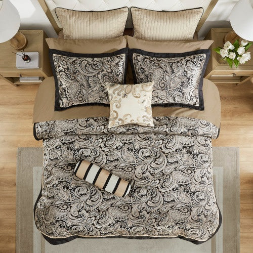 HKM-735507 12 Piece Black Comforter Set with Cotton Bed Sheets for Full Size Beds