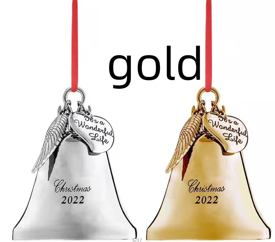 HKM-735635 Elegant Metal Christmas Bell Pendant - Modern Geometric Design in Silver and Gold, Decorative Souvenir Ornaments