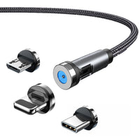 HKM-735891 3-in-1 Magnetic Data Cable - 540° Rotating, Type-C, Micro USB & 8PIN Compatibility, 1m & 2m Lengths
