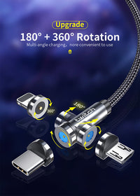 HKM-735891 3-in-1 Magnetic Data Cable - 540° Rotating, Type-C, Micro USB & 8PIN Compatibility, 1m & 2m Lengths