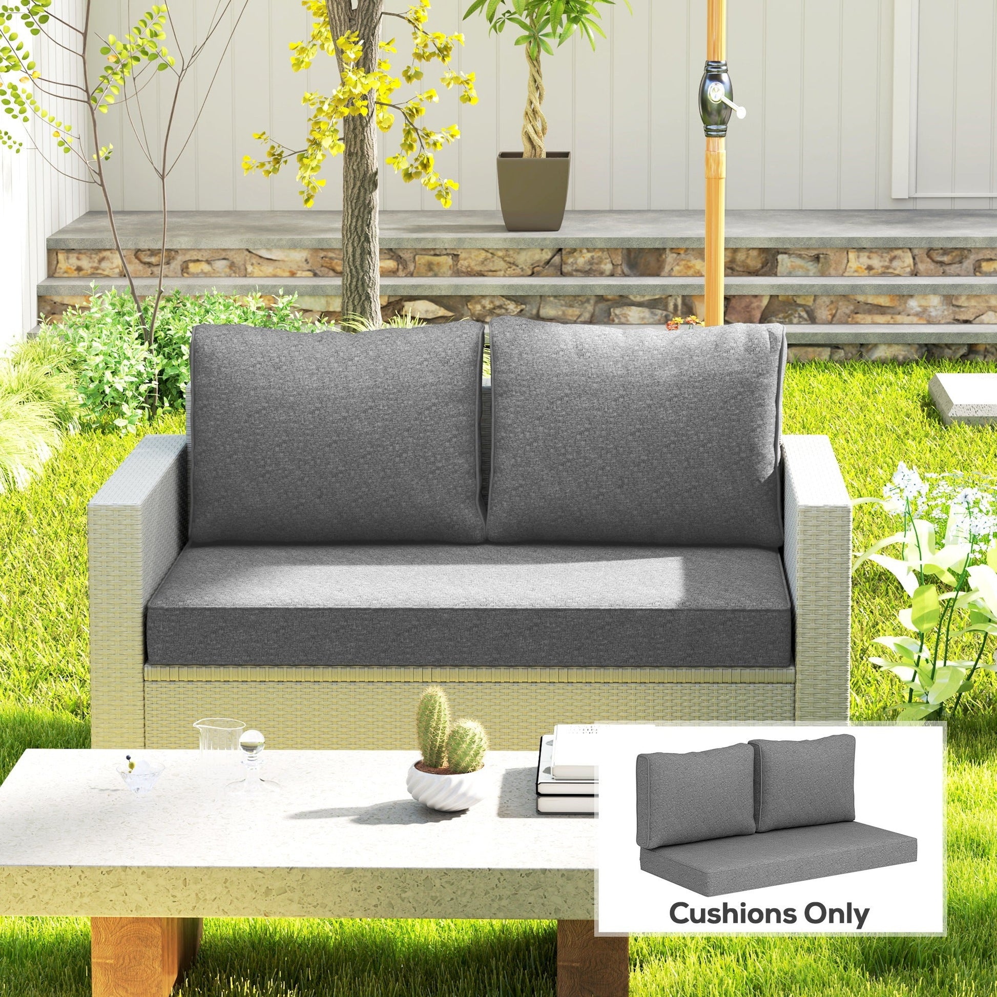 KTX-735891 Thick Gray Outdoor Loveseat Cushion Set with Removable Covers - 2 Seat Patio Replacement Cushions