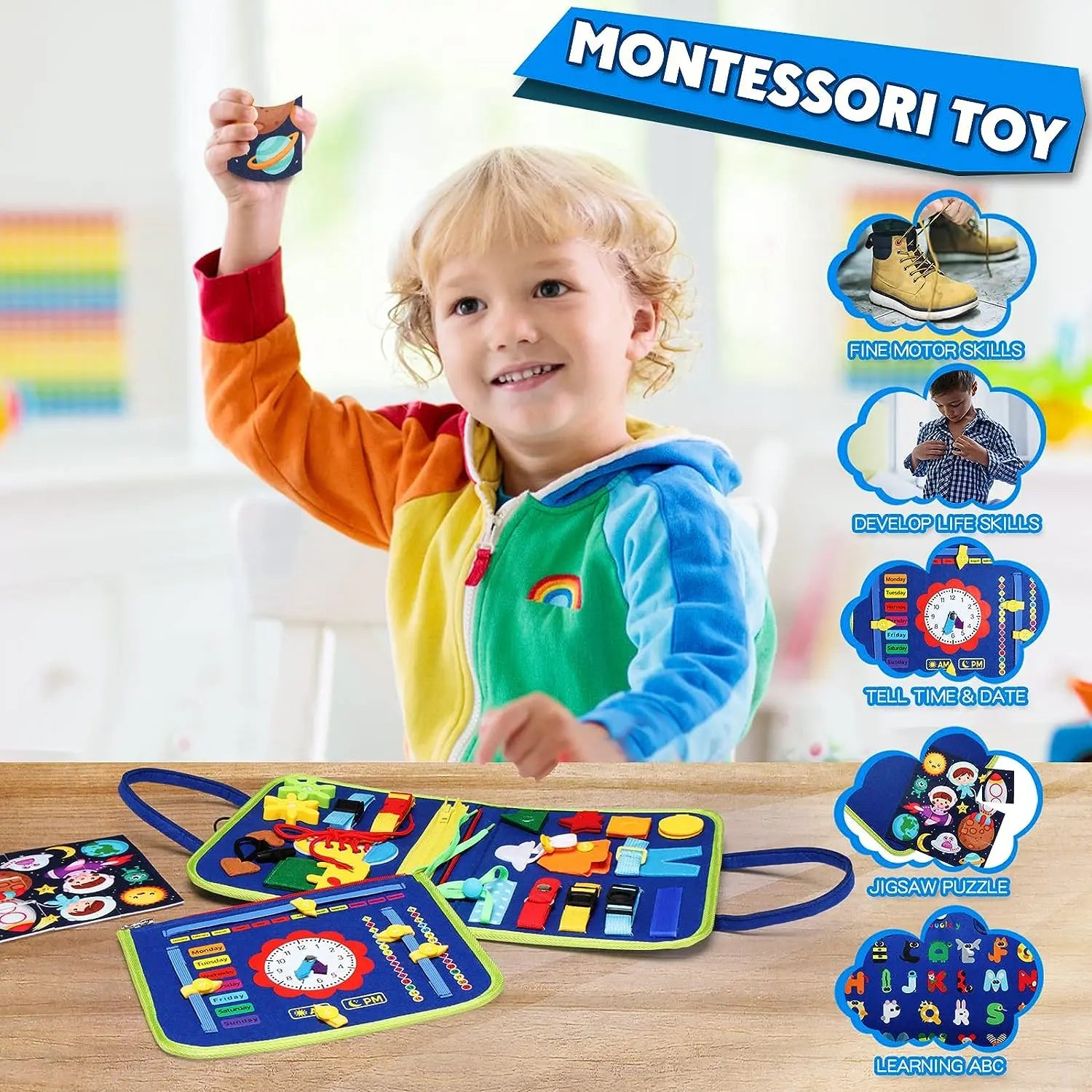 HKM-736147 Dinosaur Sensory Busy Board for Toddlers - Montessori Educational Toy for Ages 0-7