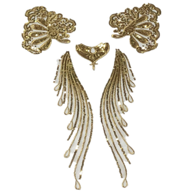 HKM-736339 Gold Glitter Embroidered Fabric Patch for Dance and Wedding Dress Decoration
