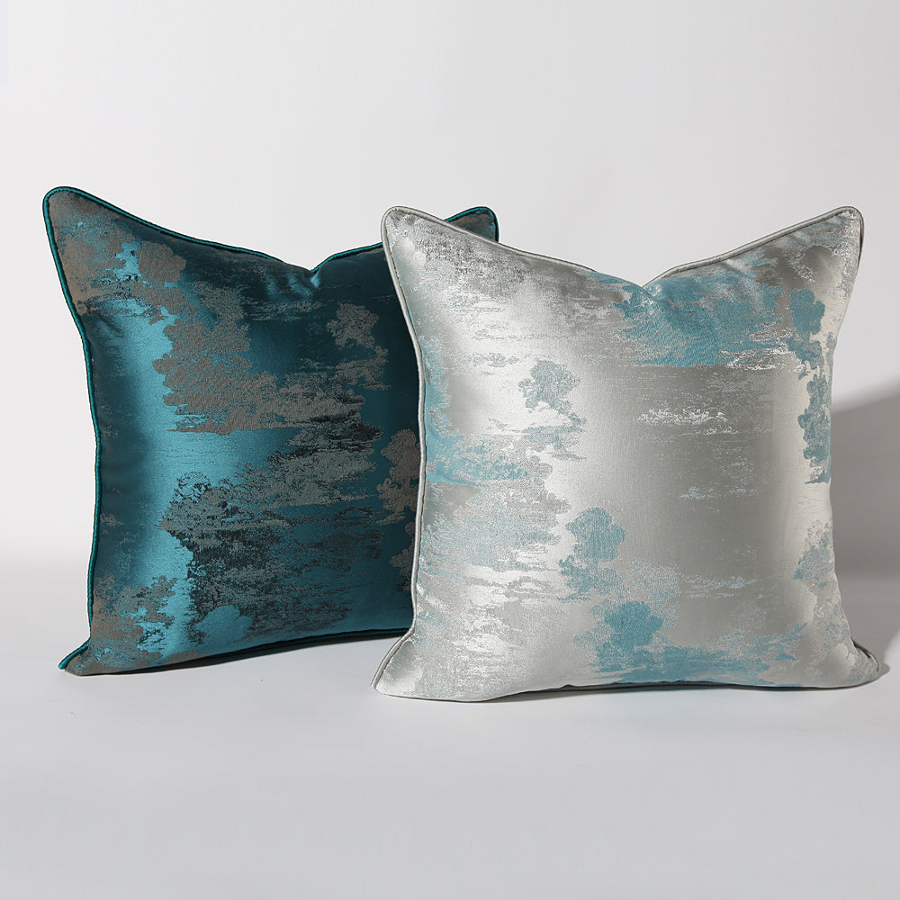 HKM-736723 Dark Green and Silver Green Landscape Print Cushion Cover - Asian Style Square Pillow, Multiple Sizes Available