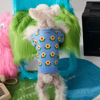 HKM-737235 Cozy Wool Flower Dog Sweater Cardigan in Blue and Green - Casual Style for Small Dogs
