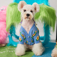 HKM-737235 Cozy Wool Flower Dog Sweater Cardigan in Blue and Green - Casual Style for Small Dogs