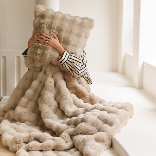 HKM-737427 Fur Rabbit Hair Sofa Blanket - Simple Solid Color in Tuscany White, Grey, or Light Camel