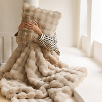 HKM-737427 Fur Rabbit Hair Sofa Blanket - Simple Solid Color in Tuscany White, Grey, or Light Camel