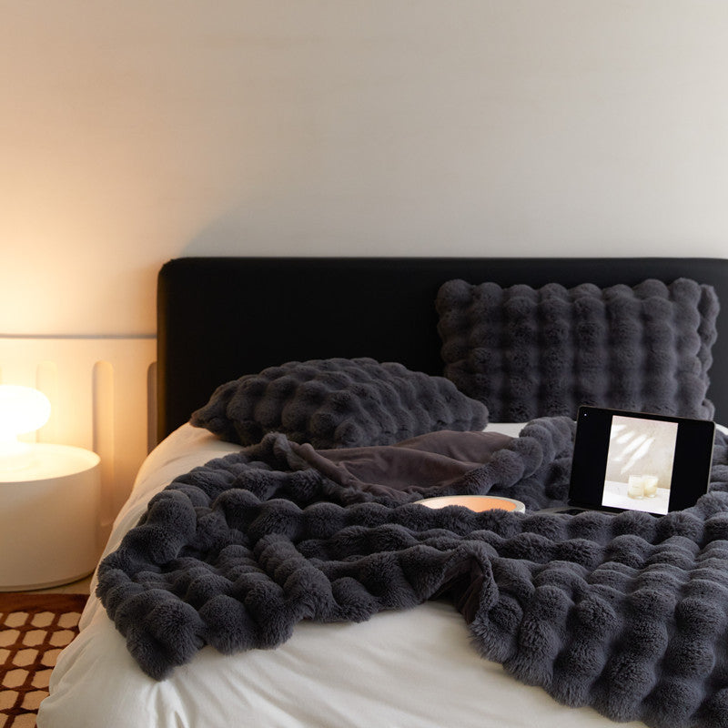 HKM-737427 Fur Rabbit Hair Sofa Blanket - Simple Solid Color in Tuscany White, Grey, or Light Camel