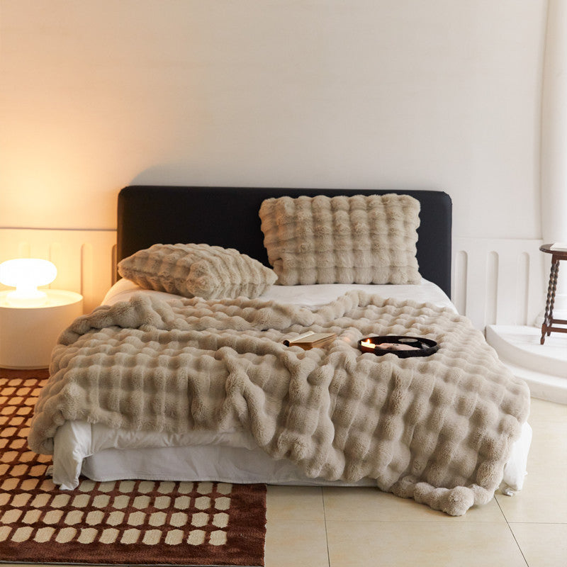 HKM-737427 Fur Rabbit Hair Sofa Blanket - Simple Solid Color in Tuscany White, Grey, or Light Camel