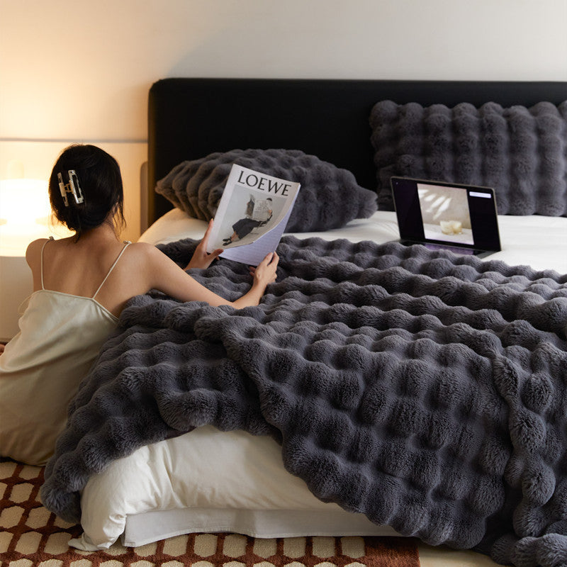 HKM-737427 Fur Rabbit Hair Sofa Blanket - Simple Solid Color in Tuscany White, Grey, or Light Camel