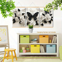 HKM-737747 Framed Canvas Art Set Featuring Black Butterfly and White Roses - Multiple Sizes Available