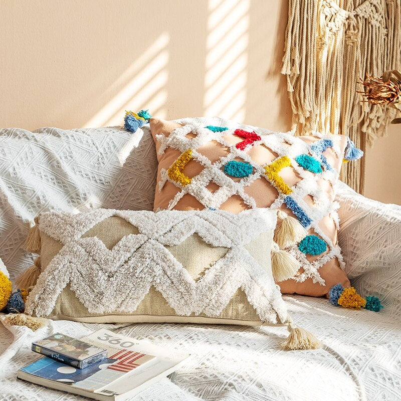 HKM-739923 National Style Tufted Cotton Canvas Pillowcase with Floral Pattern