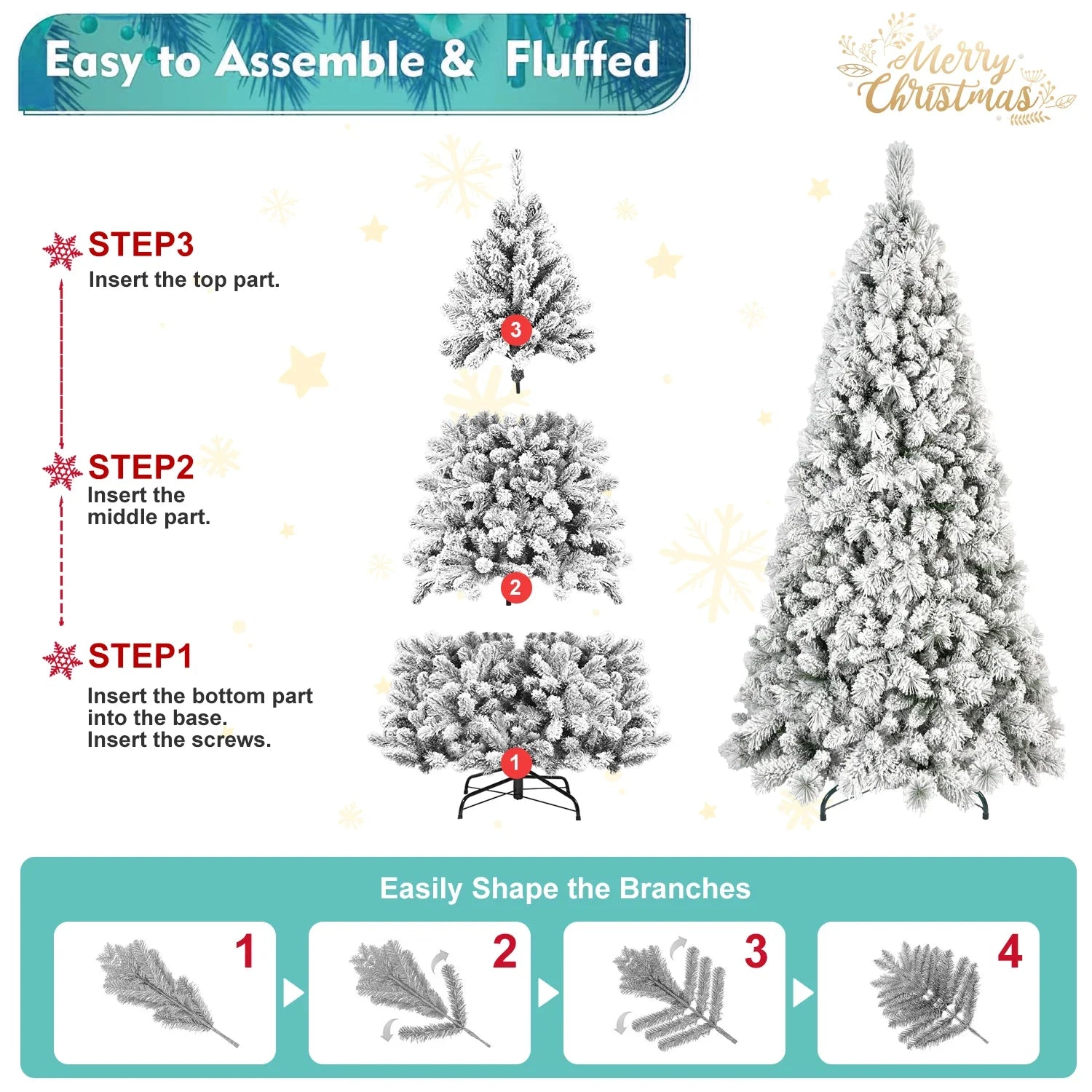 KTX-740563 8ft Pre-Lit Snowy Cedar Artificial Christmas Tree with Warm White LED Lights and Metal Stand