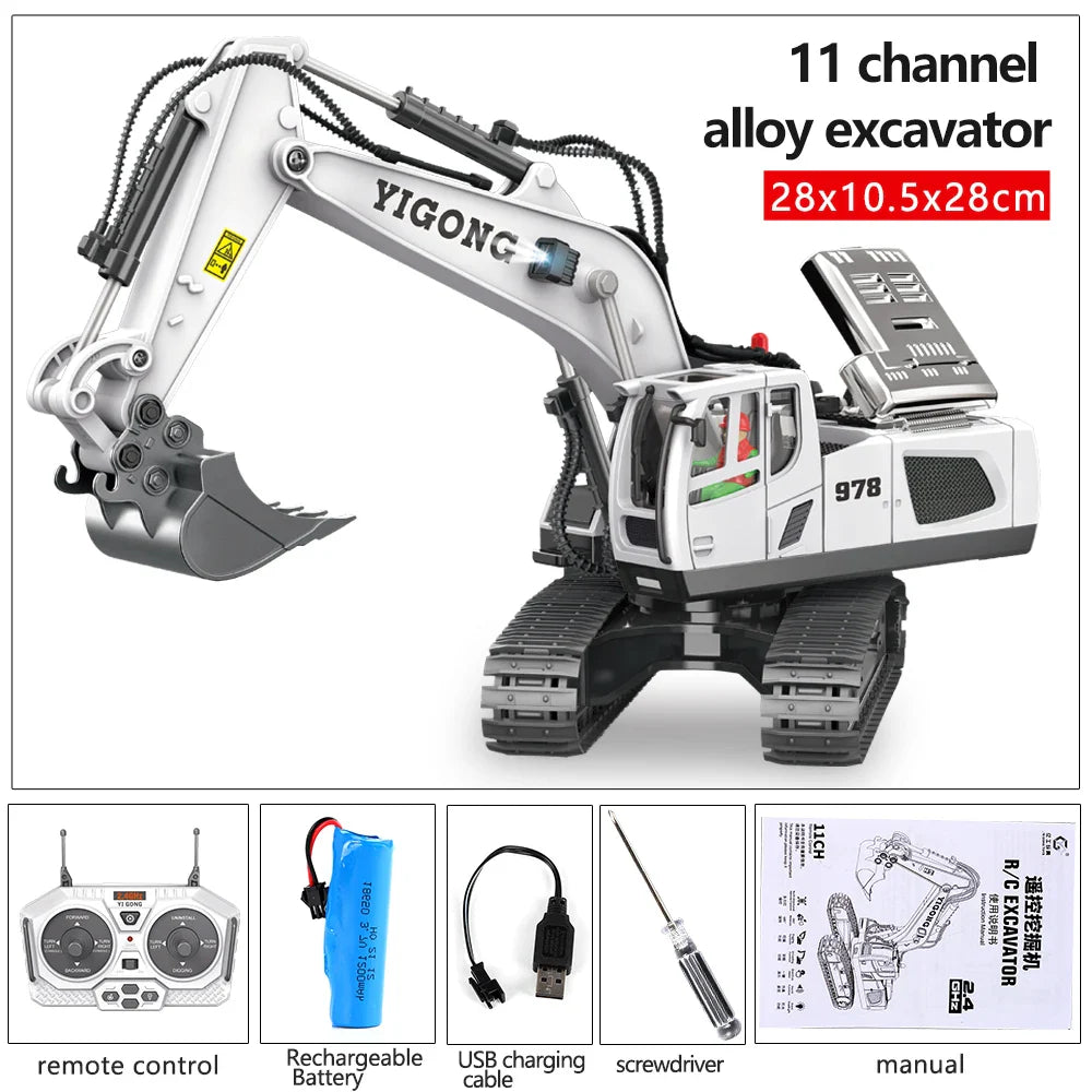HKM-740947 1/20 Scale Alloy RC Excavator Model with 30m Remote Range, 360° Rotation and Obstacle Avoidance