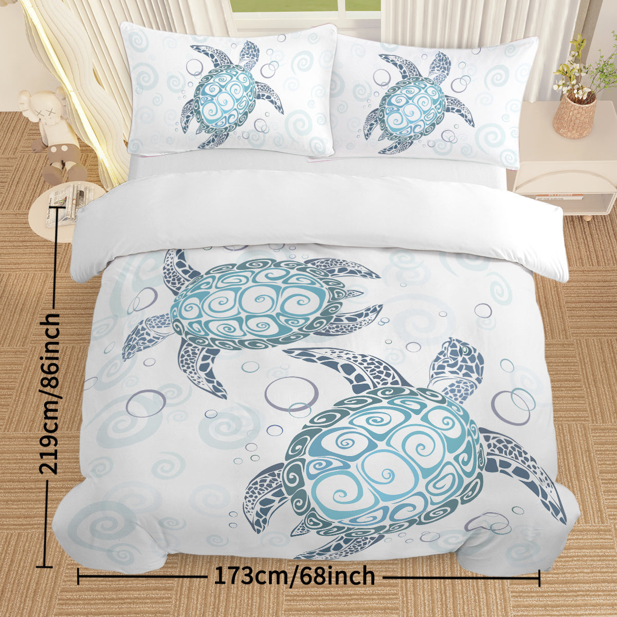 HKM-741267 Aqua Teal Blue Sea Turtle Microfiber Duvet Cover Set with Pillow Shams, Available in Twin, Full, Queen, King Sizes