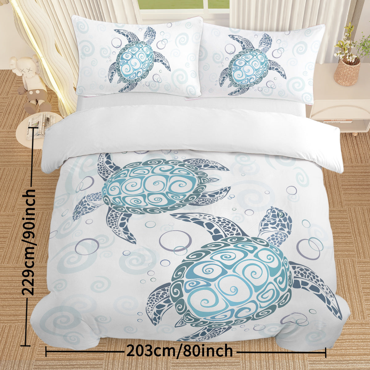 HKM-741267 Aqua Teal Blue Sea Turtle Microfiber Duvet Cover Set with Pillow Shams, Available in Twin, Full, Queen, King Sizes