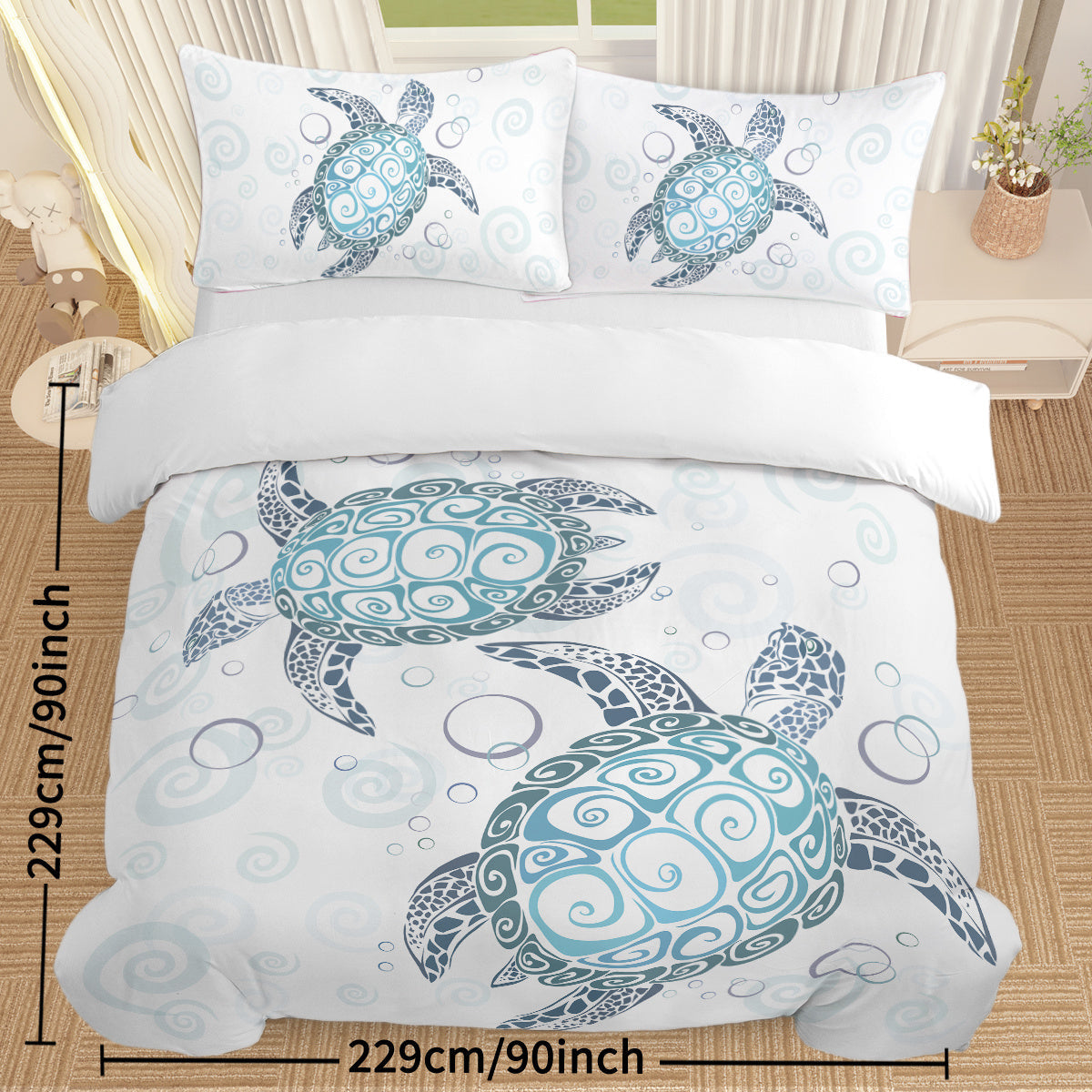 HKM-741267 Aqua Teal Blue Sea Turtle Microfiber Duvet Cover Set with Pillow Shams, Available in Twin, Full, Queen, King Sizes