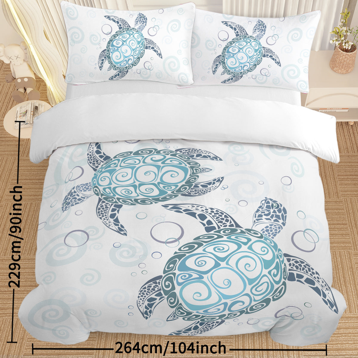 HKM-741267 Aqua Teal Blue Sea Turtle Microfiber Duvet Cover Set with Pillow Shams, Available in Twin, Full, Queen, King Sizes