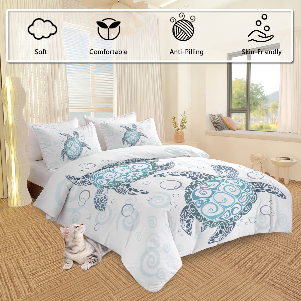 HKM-741267 Aqua Teal Blue Sea Turtle Microfiber Duvet Cover Set with Pillow Shams, Available in Twin, Full, Queen, King Sizes