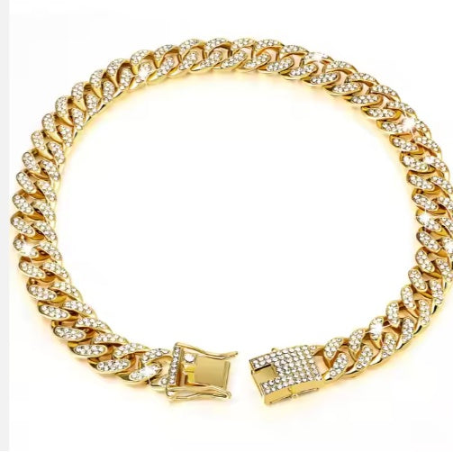 HKM-741779 Luxury Alloy Dog Chain with Sparkling Diamonds – Adjustable Choker for Dogs and Cats