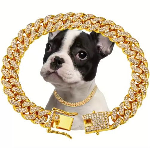 HKM-741779 Luxury Alloy Dog Chain with Sparkling Diamonds – Adjustable Choker for Dogs and Cats