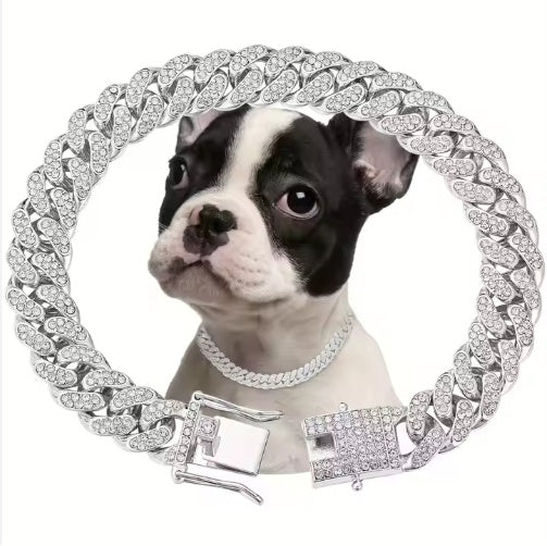 HKM-741779 Luxury Alloy Dog Chain with Sparkling Diamonds – Adjustable Choker for Dogs and Cats