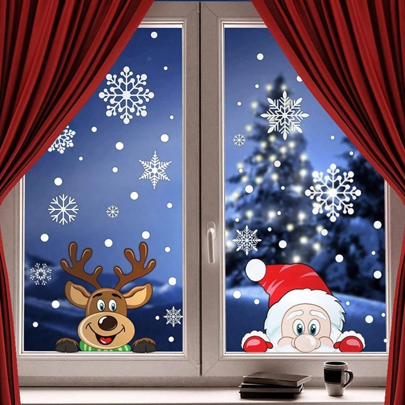 HKM-741907 Christmas Window Clings Set - Santa Claus and Snowflake Static Decorations for Holiday Cheer