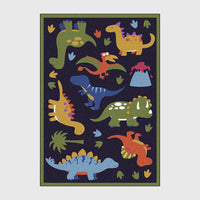 HKM-742163 Cute Forest Dinosaur Decorative Carpet in Dark Blue with Green Edges, Polyester Fiber, Multiple Sizes Available