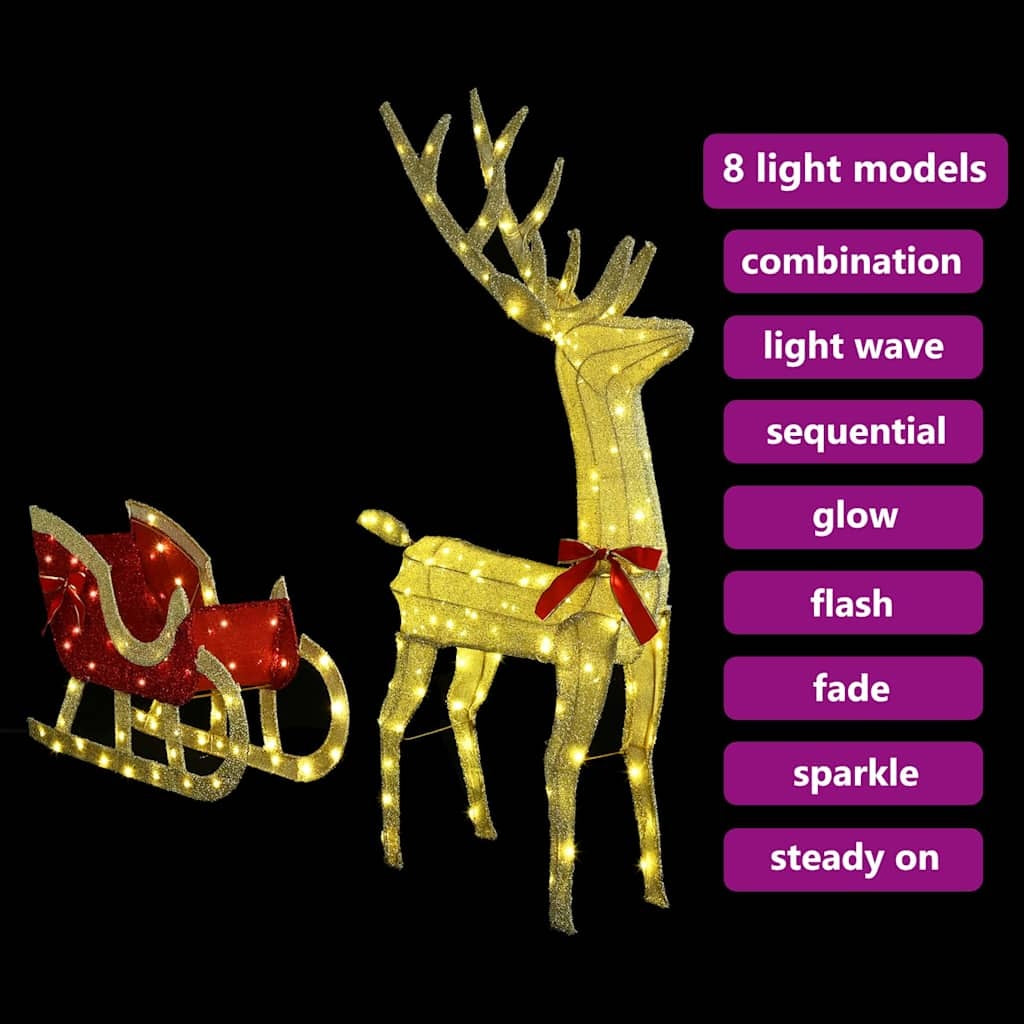 HKM-742227 Warm White LED Reindeer Sleigh Decoration for Festive Holiday Display, 70 x 26 x 128.5 cm, Easy Assembly