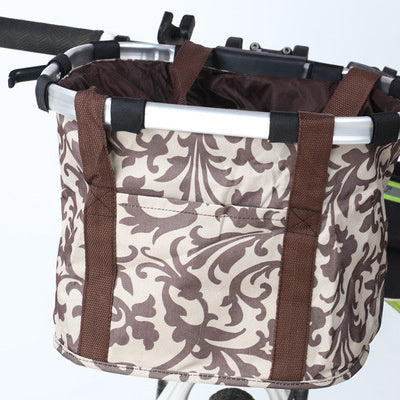 HKM-742291 Folding Bicycle Basket with Brown Pattern and Purple Floral Design, 32 x 23 x 26 cm