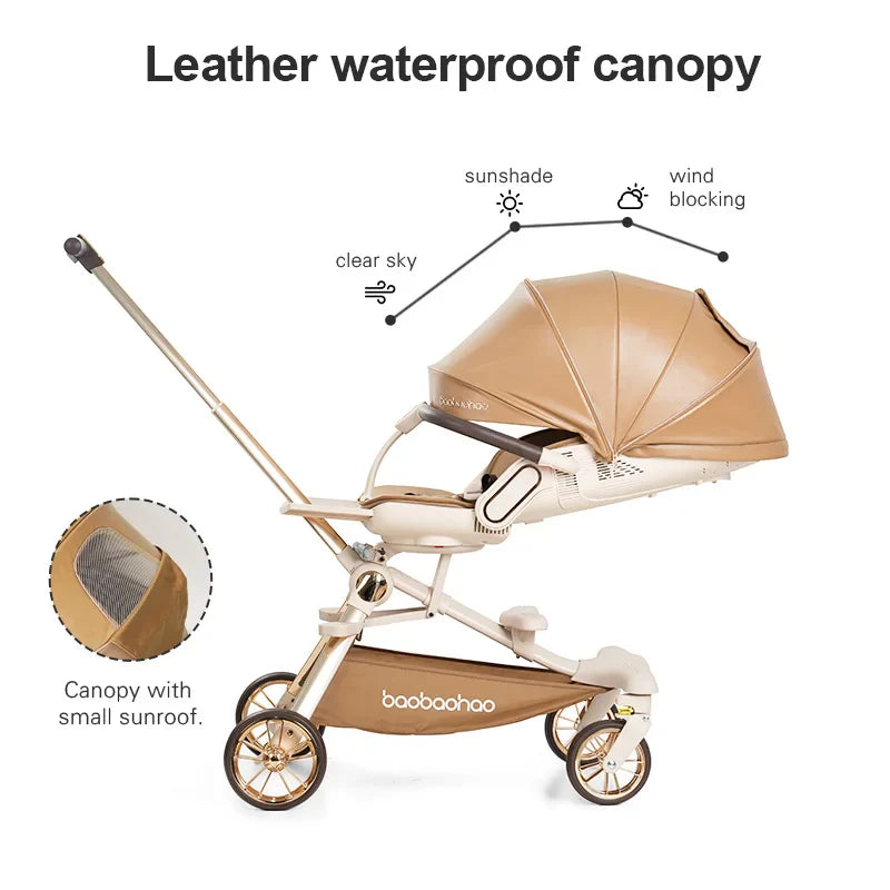 KTX-742291 Luxury Adjustable Leather Foldable Baby Stroller with Double-Sided Design