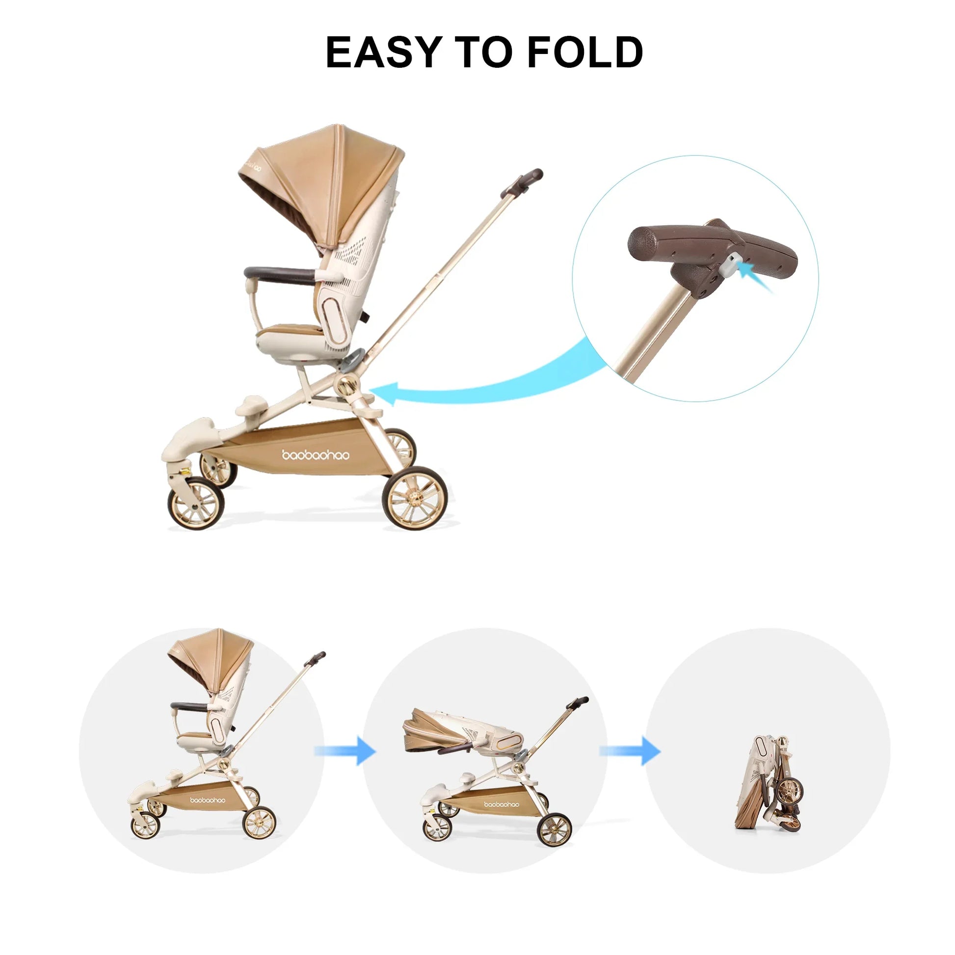 KTX-742291 Luxury Adjustable Leather Foldable Baby Stroller with Double-Sided Design