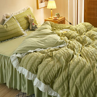 HKM-742419 Washed Cotton Seersucker Lace Four-Piece Bed Sheet Duvet Cover Set with Bed Skirt