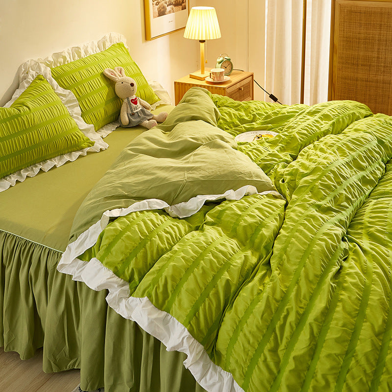 HKM-742419 Washed Cotton Seersucker Lace Four-Piece Bed Sheet Duvet Cover Set with Bed Skirt