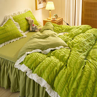 HKM-742419 Washed Cotton Seersucker Lace Four-Piece Bed Sheet Duvet Cover Set with Bed Skirt