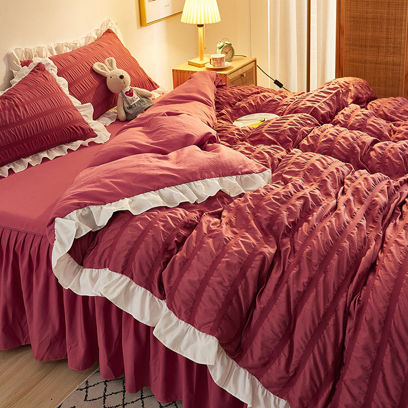 HKM-742419 Washed Cotton Seersucker Lace Four-Piece Bed Sheet Duvet Cover Set with Bed Skirt