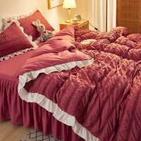 HKM-742419 Washed Cotton Seersucker Lace Four-Piece Bed Sheet Duvet Cover Set with Bed Skirt