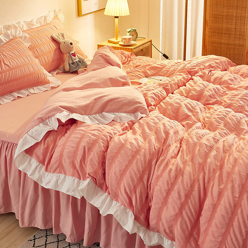 HKM-742419 Washed Cotton Seersucker Lace Four-Piece Bed Sheet Duvet Cover Set with Bed Skirt